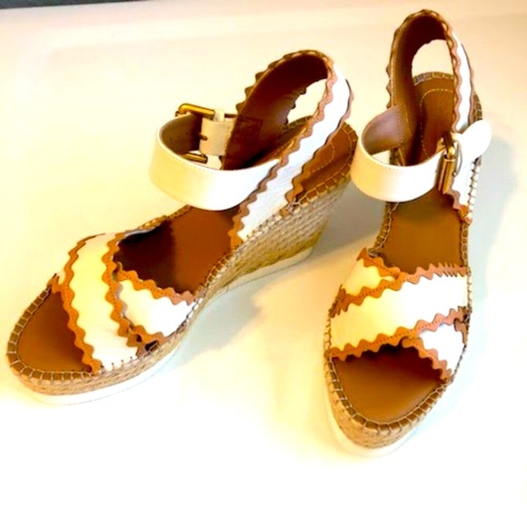 New SEE by CHLOE' Glyn Scalloped Leather Espadrille Wedge Sandal 11 MSRP $350 - Picture 3 of 9